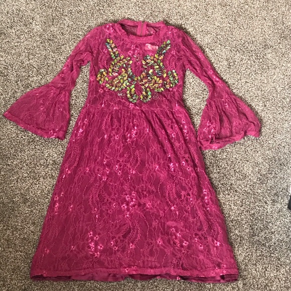 Girls Lace and Beaded Flutter Sleeve Dress